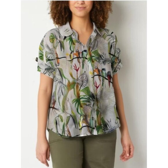 Westbound Tops - Westbound Petites Tropical Parrot Print Button-Up Short Sleeve Shirt Size PS